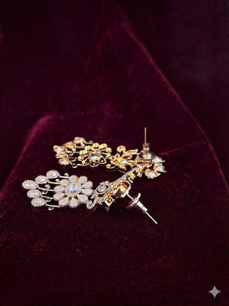 White Aira Floral Polki &  Pearl Dangle Earrings