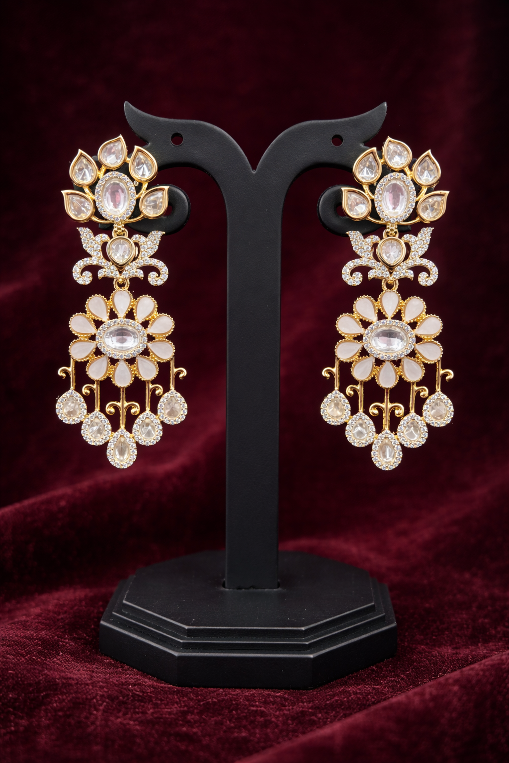 White Aira Floral Polki &  Pearl Dangle Earrings