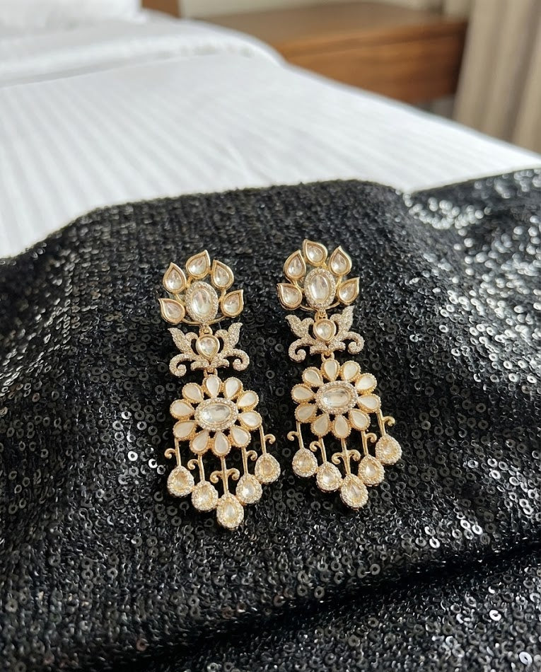 White Aira Floral Polki &  Pearl Dangle Earrings