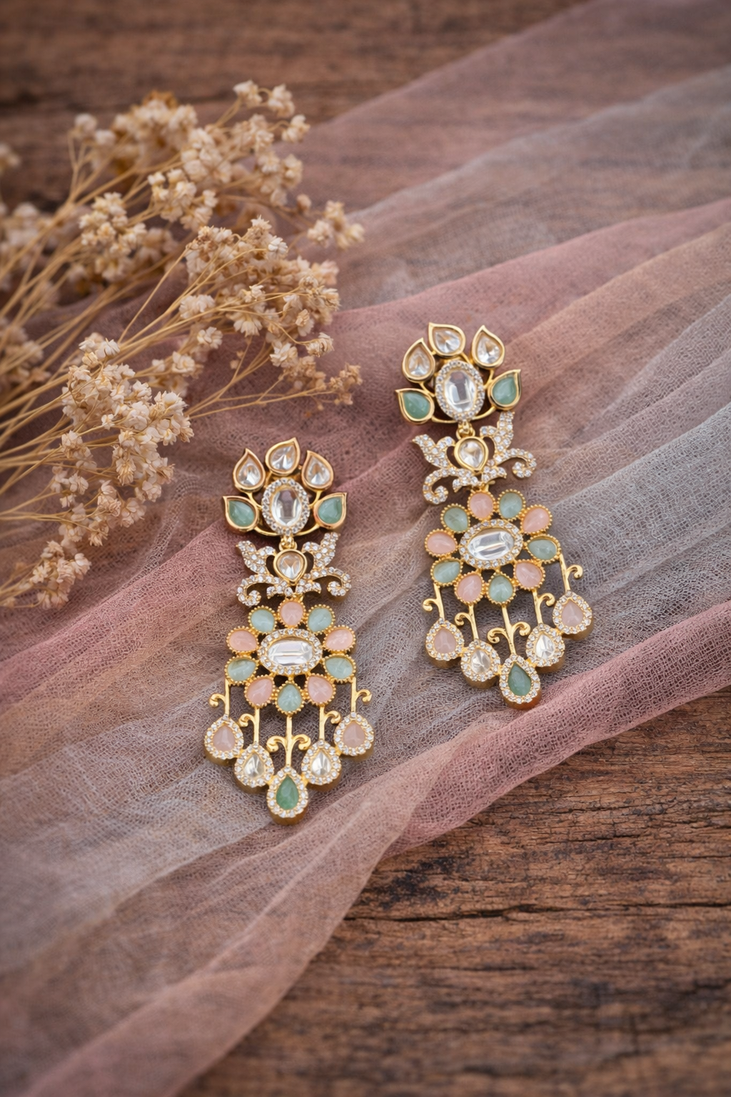 Pastel Aira Floral Polki & Pearl Dangle Earrings