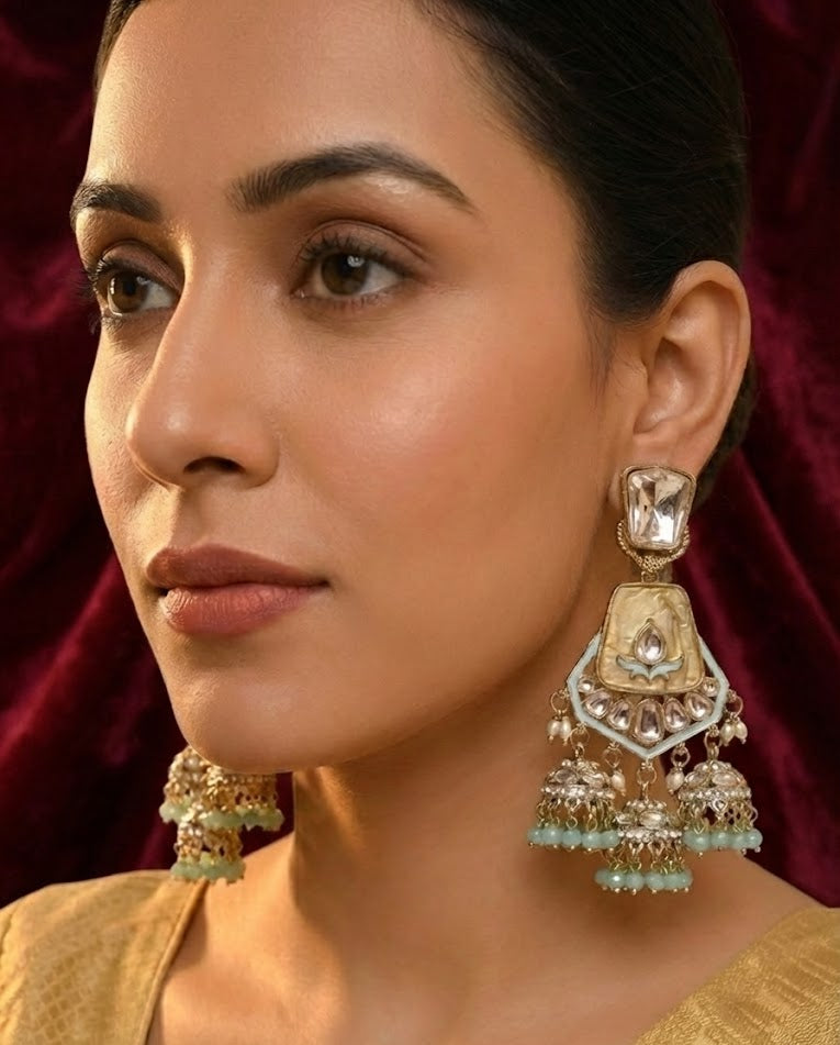 Ivory Aqua Kundan Jhumka Earrings