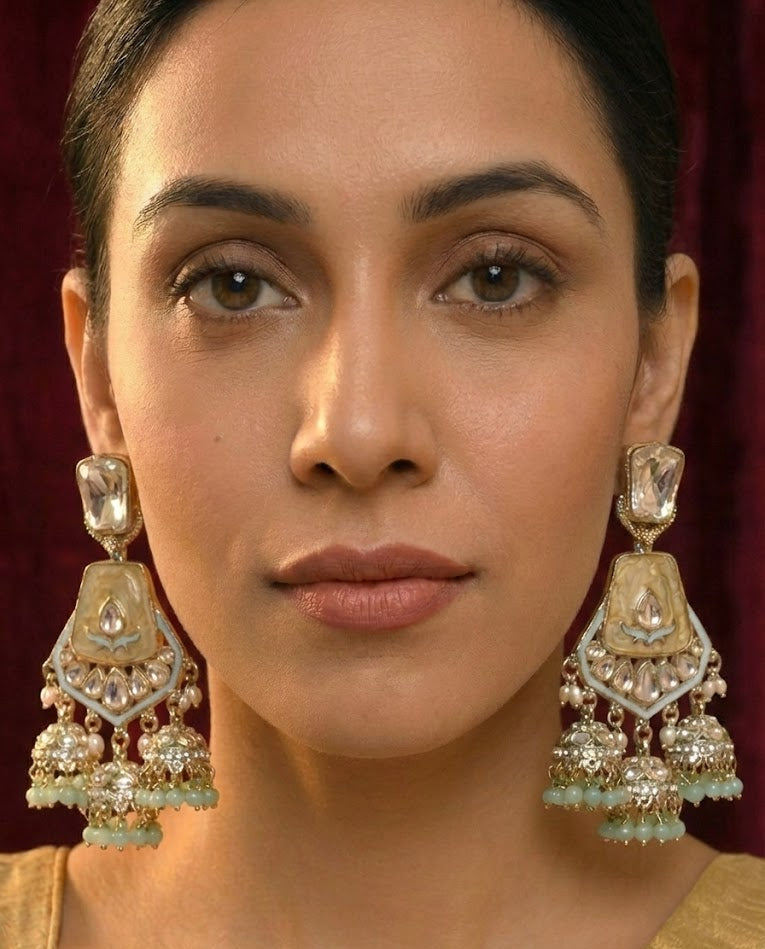 Ivory Aqua Kundan Jhumka Earrings
