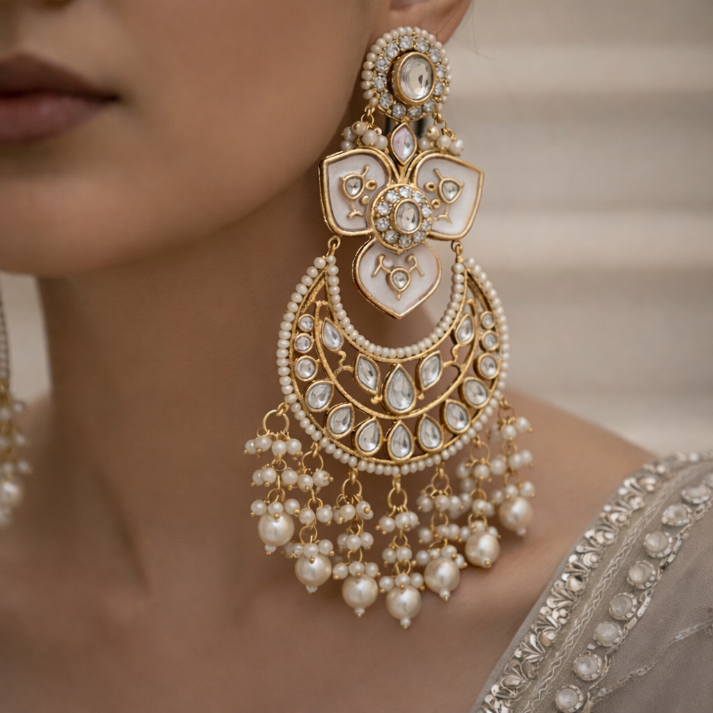 Royal Kundan Chandbali Earrings - White