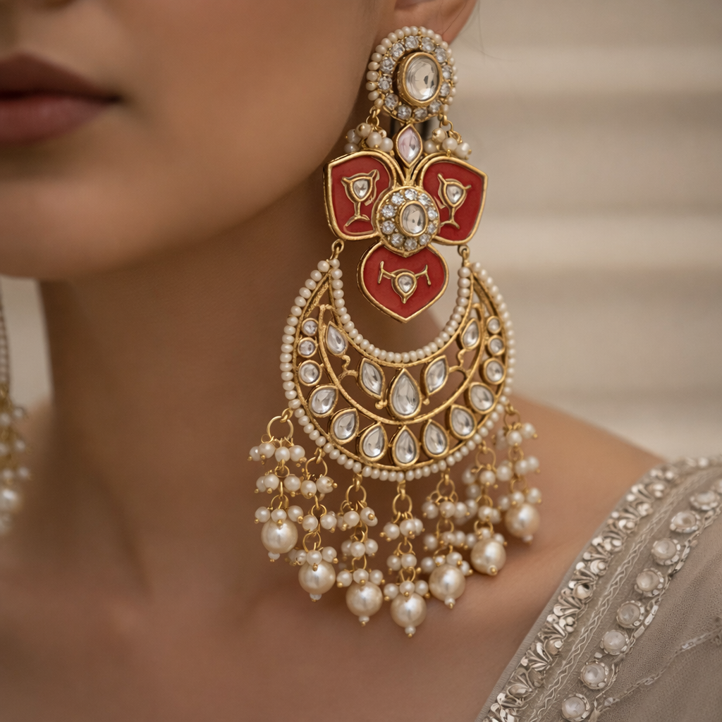 Royal Kundan Chandbali Earrings - Red