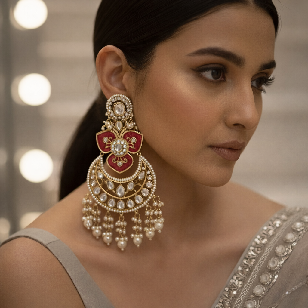 Royal Kundan Chandbali Earrings - Red