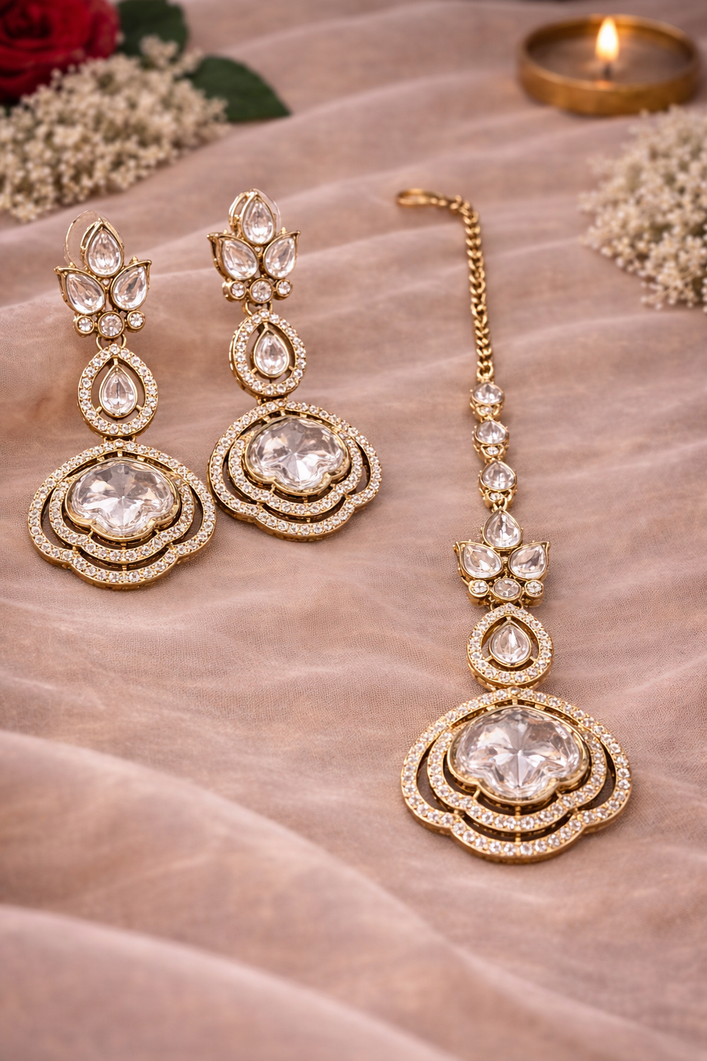 Crystal Polki Dangler  Earrings with Maang Tikka