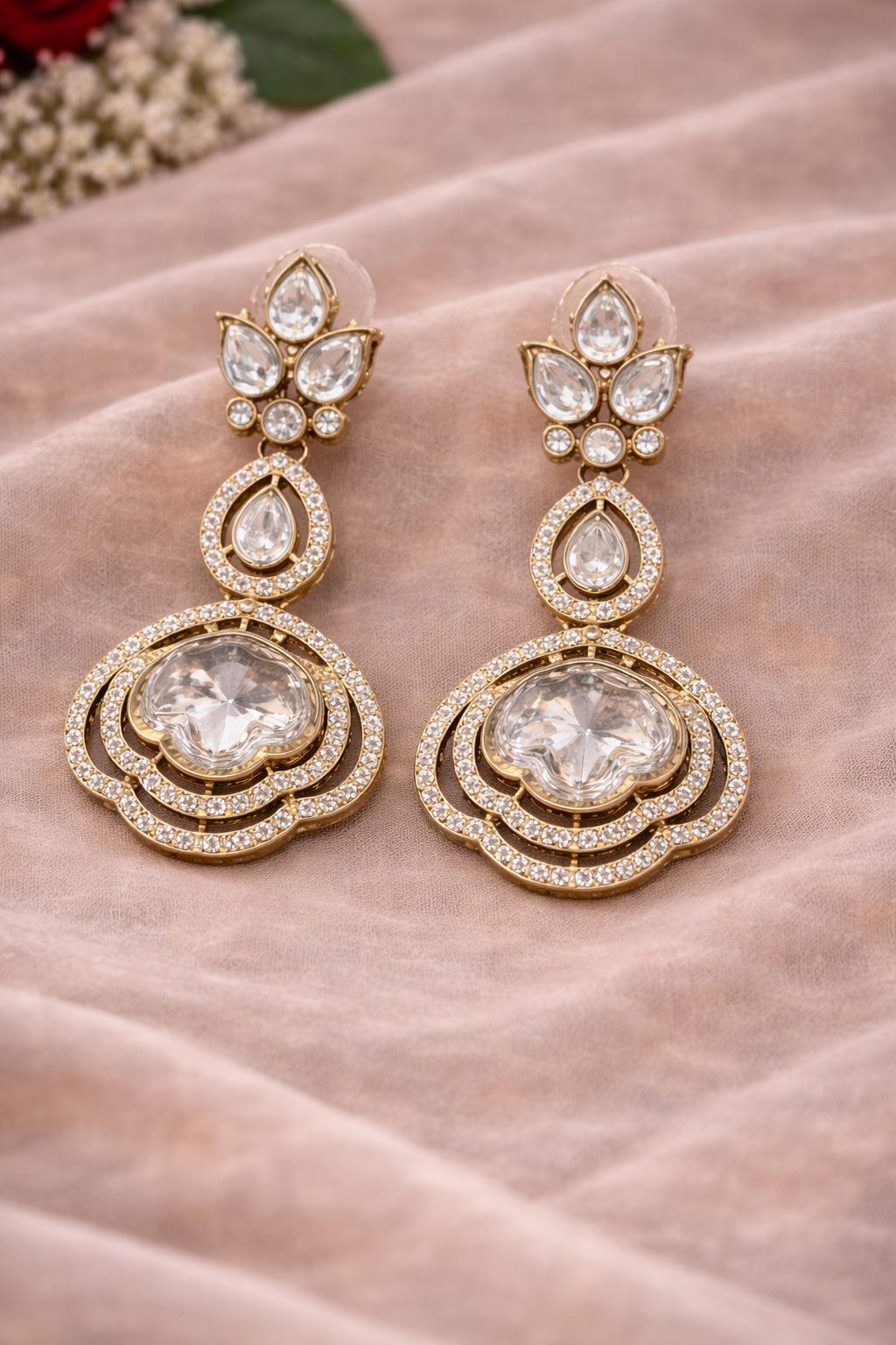 Crystal Polki Dangler  Earrings with Maang Tikka