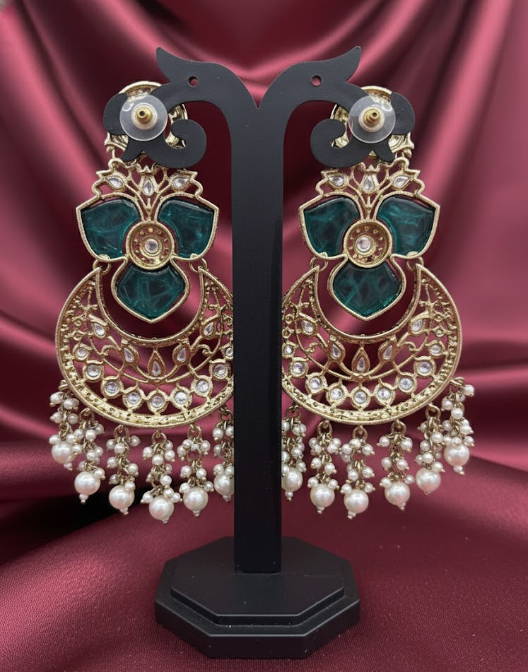 Royal Kundan Chandbali Earrings - Teal Blue