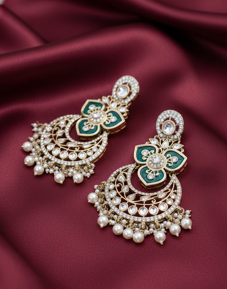 Royal Kundan Chandbali Earrings - Teal Blue