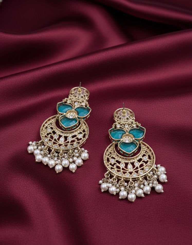 Royal Kundan Chandbali Earrings - Teal Blue