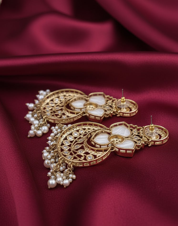 Royal Kundan Chandbali Earrings - White
