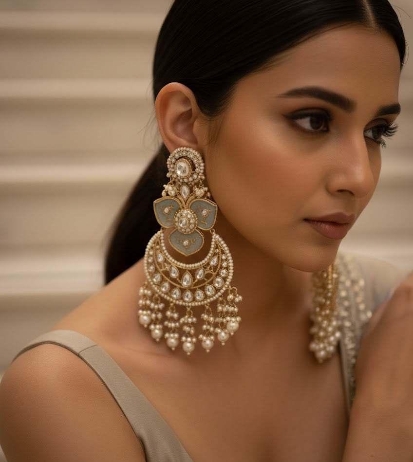 Royal Kundan Chandbali Earrings - Mint Green
