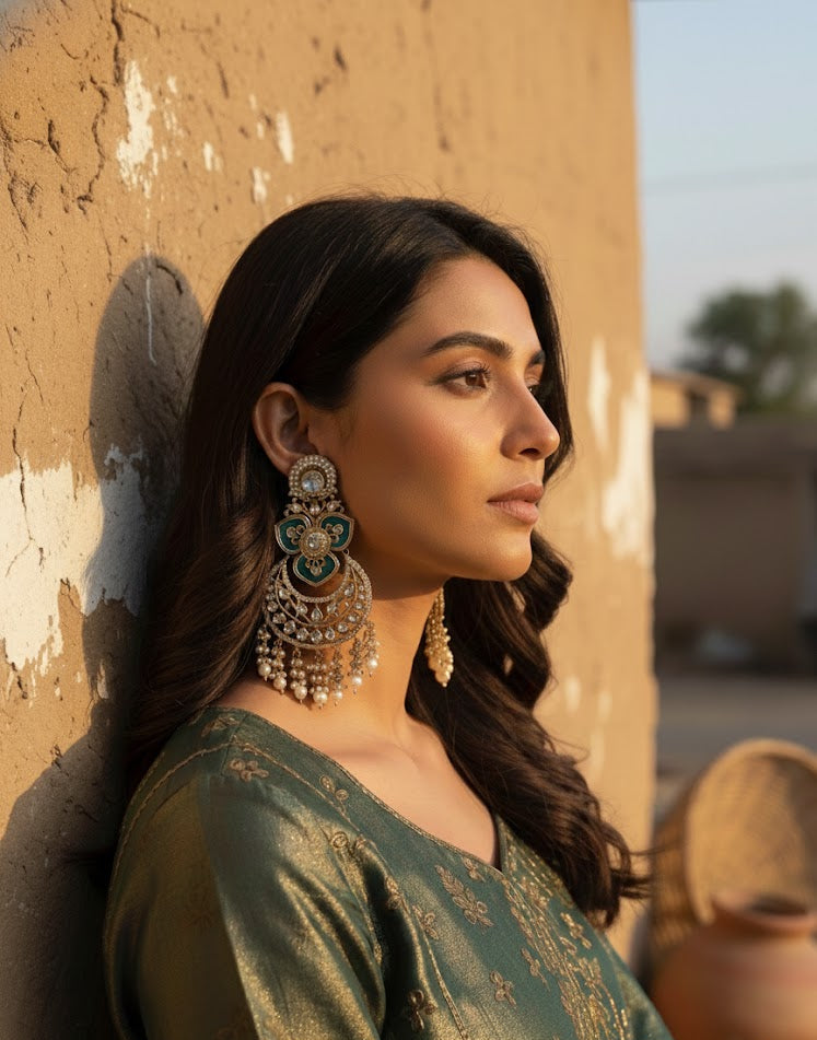 Royal Kundan Chandbali Earrings - Teal Blue