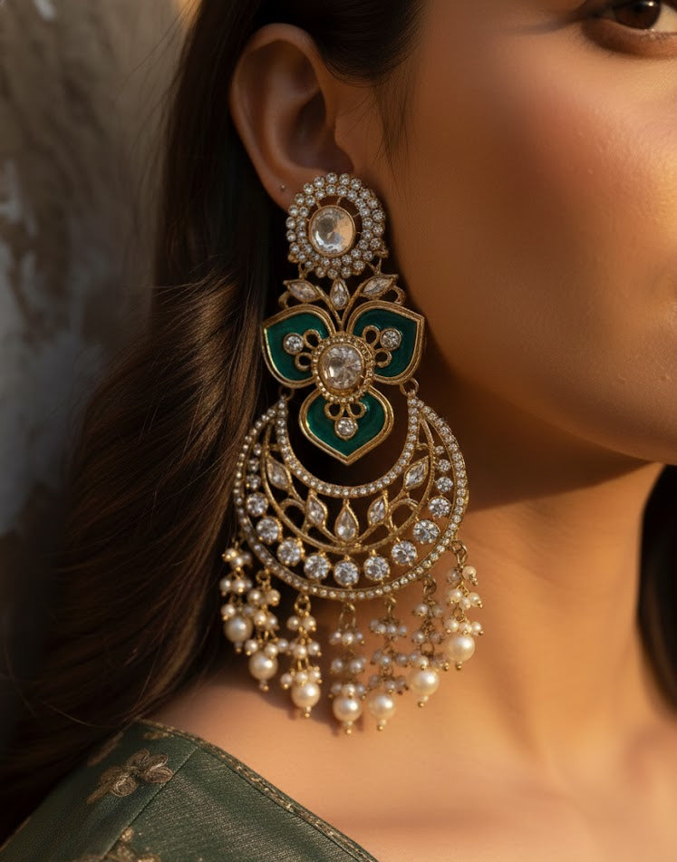 Royal Kundan Chandbali Earrings - Teal Blue