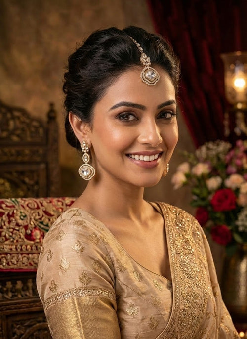 Crystal Polki Dangler  Earrings with Maang Tikka