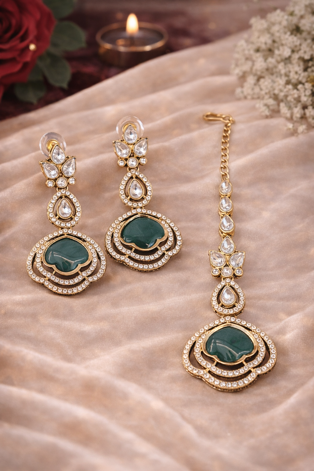 Emerald Green Polki Dangler  Earrings with Maang Tikka