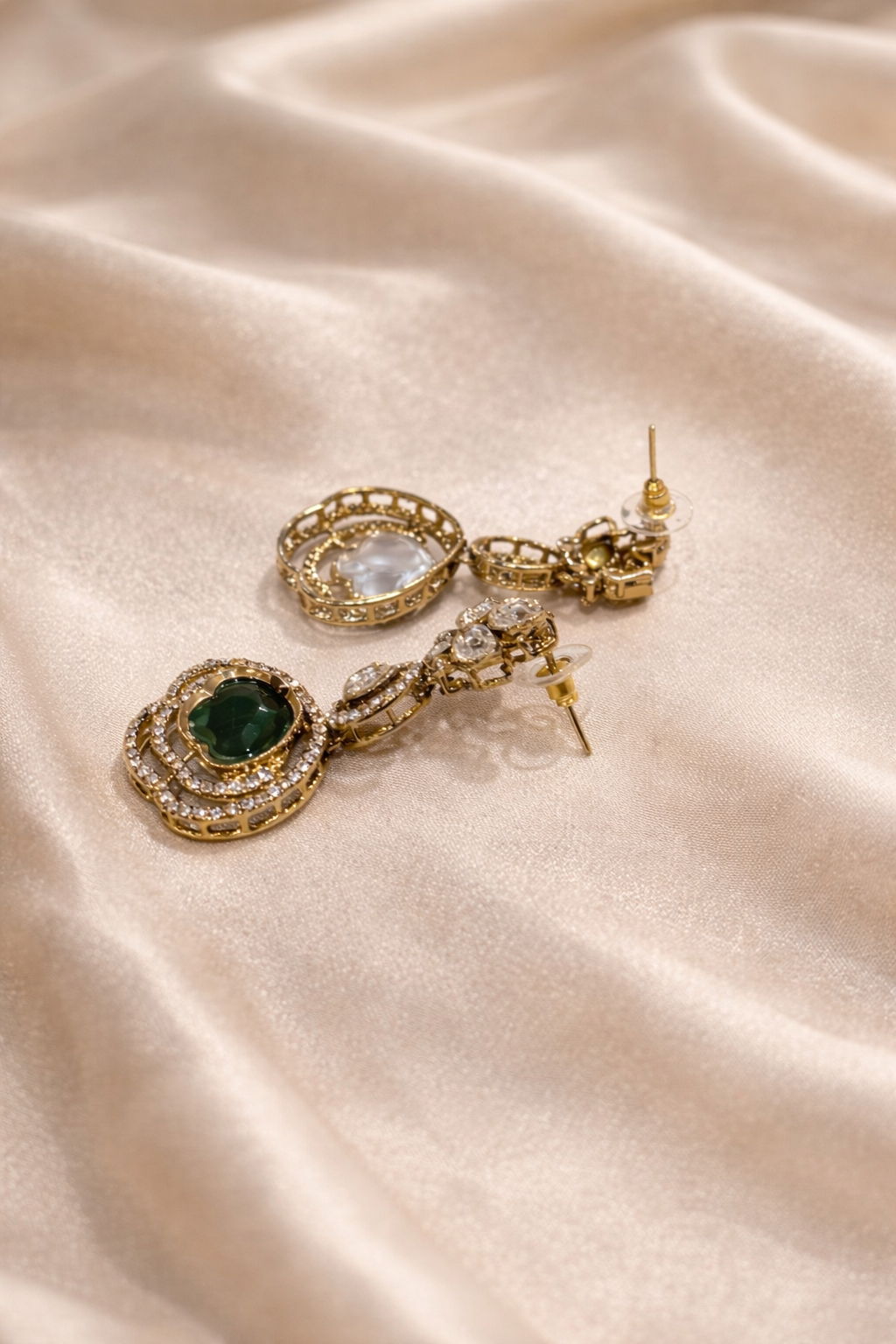 Emerald Green Polki Dangler  Earrings with Maang Tikka