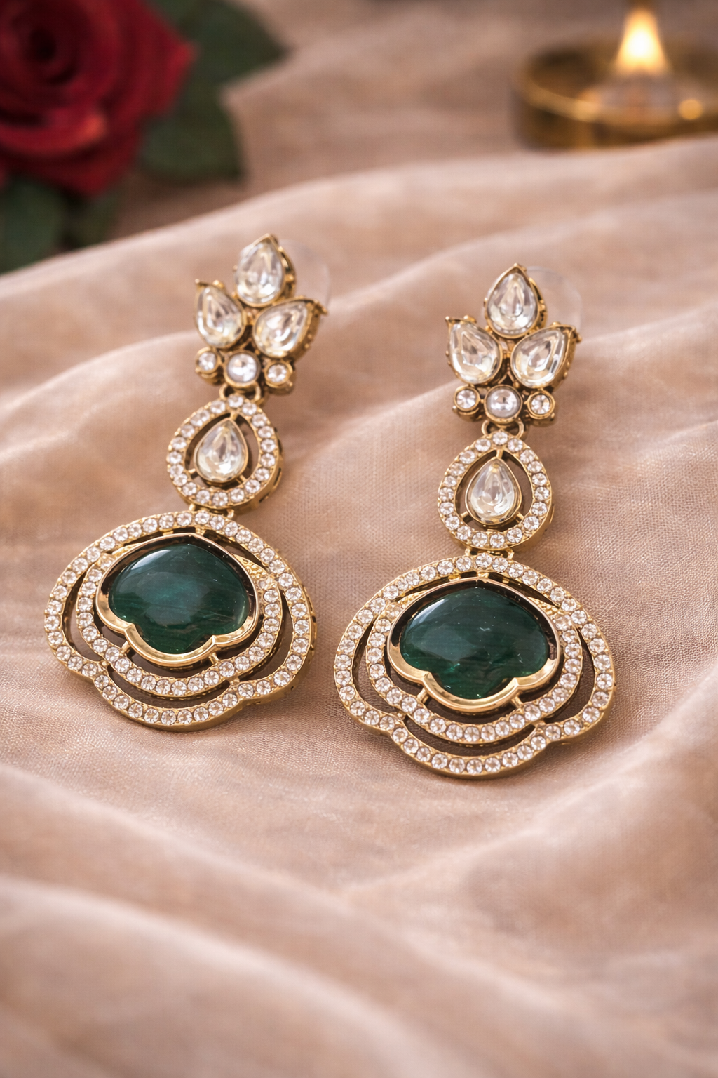 Emerald Green Polki Dangler  Earrings with Maang Tikka