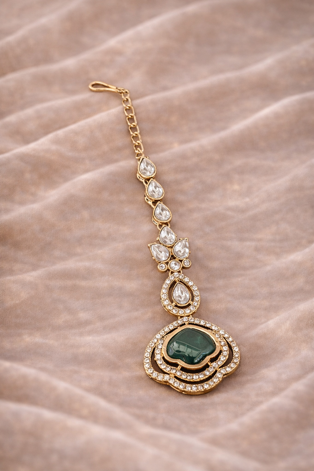 Emerald Green Polki Dangler  Earrings with Maang Tikka