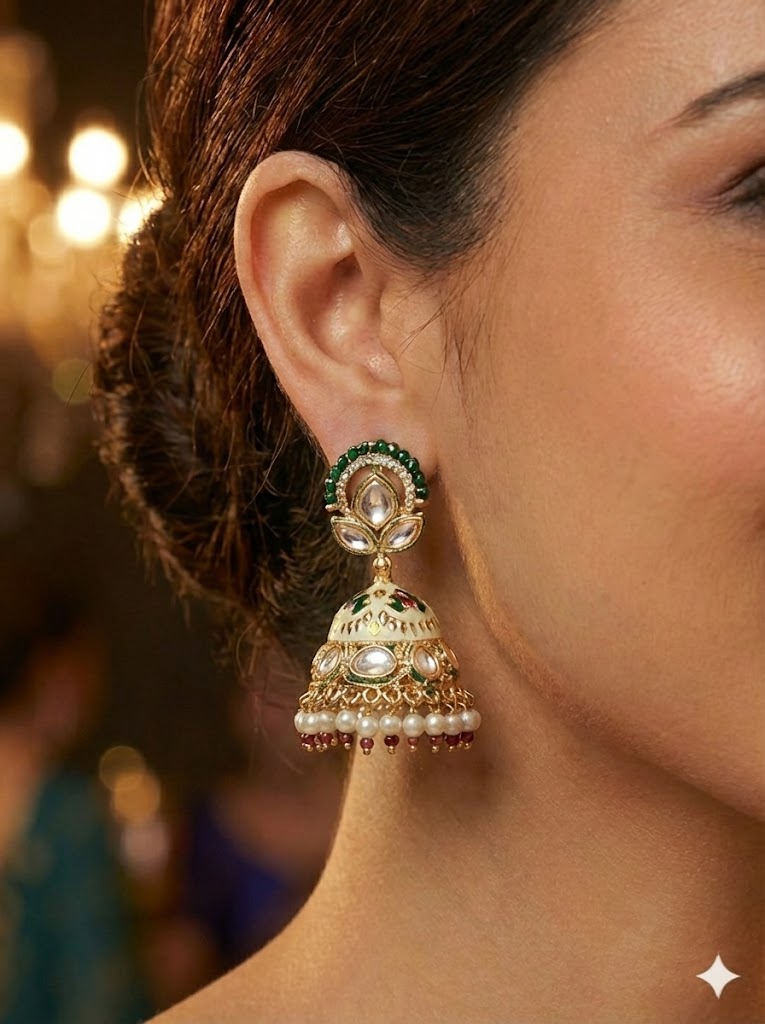 The Emerald Green Lotus Jhumkas | Meenakari & Pearl Drops