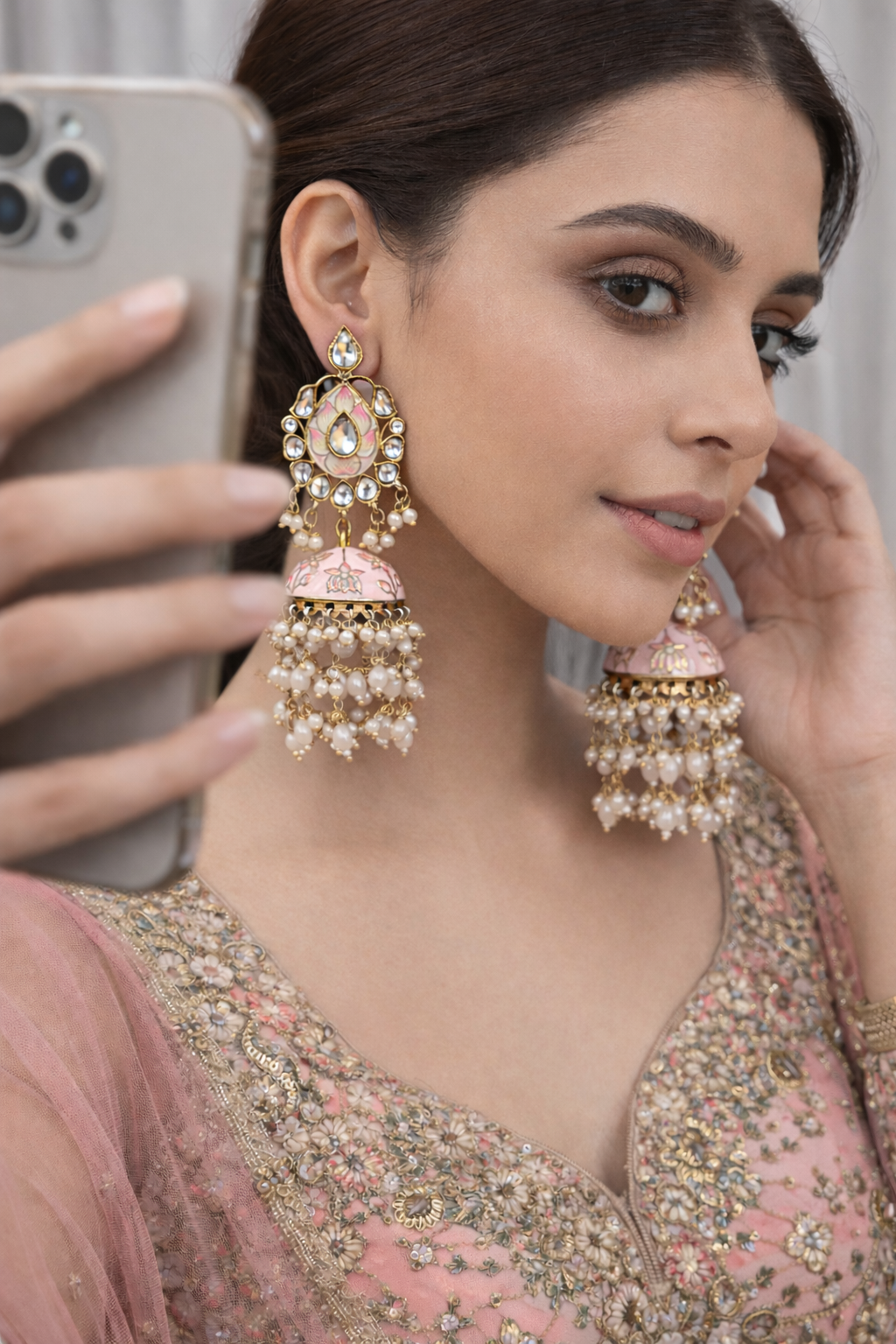 Gulmarg Rosé Floral Jhumka Earrings - Pastel Pink