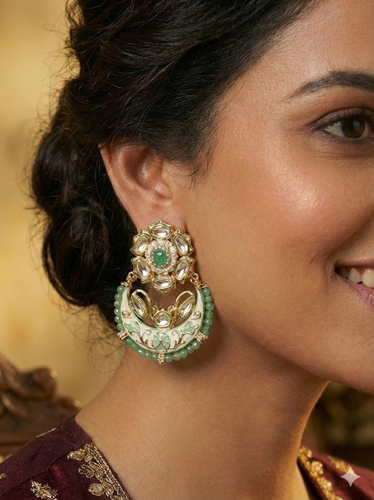 Mint Green Meenakari & Kundan Chandbali Earrings