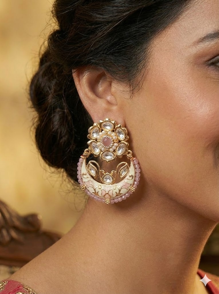 Blush Pink Meenakari & Kundan Chandbali Earrings