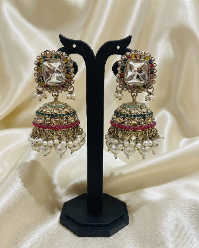 Multicolour Kundan Jhumka Earrings & Maang-Tika Set