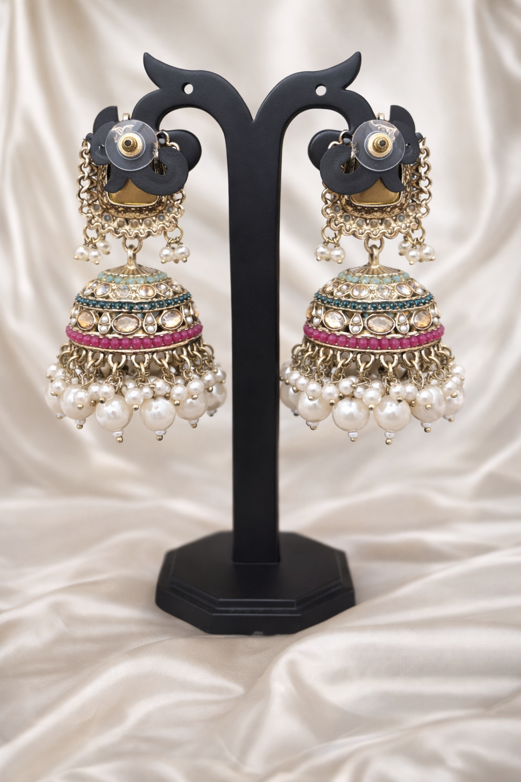 Multicolour Kundan Jhumka Earrings & Maang-Tika Set