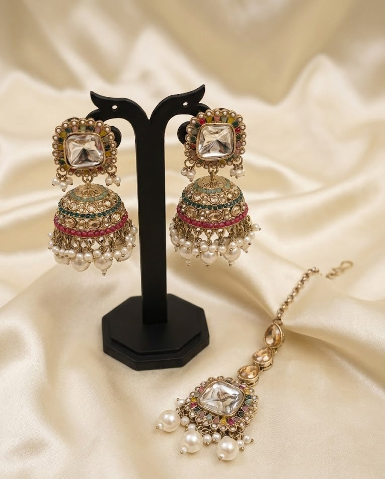 Multicolour Kundan Jhumka Earrings & Maang-Tika Set
