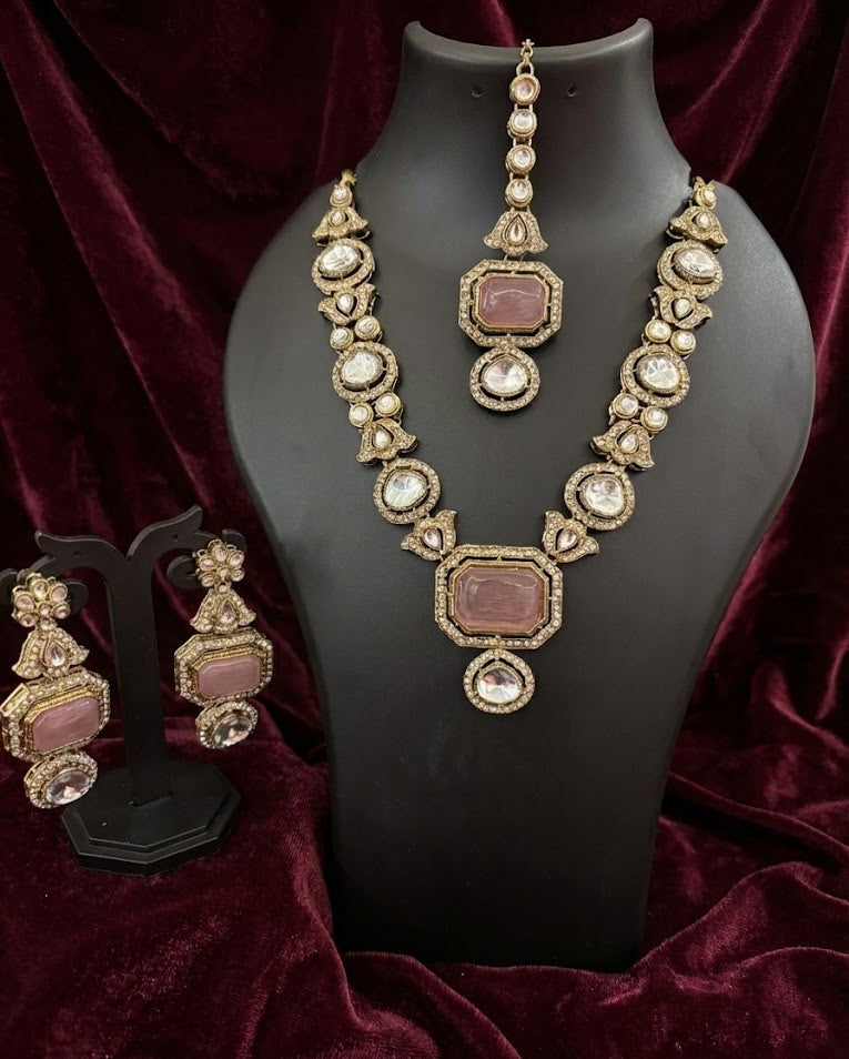 The Blush Pink Heritage Polki Necklace and Mang-Tika Set