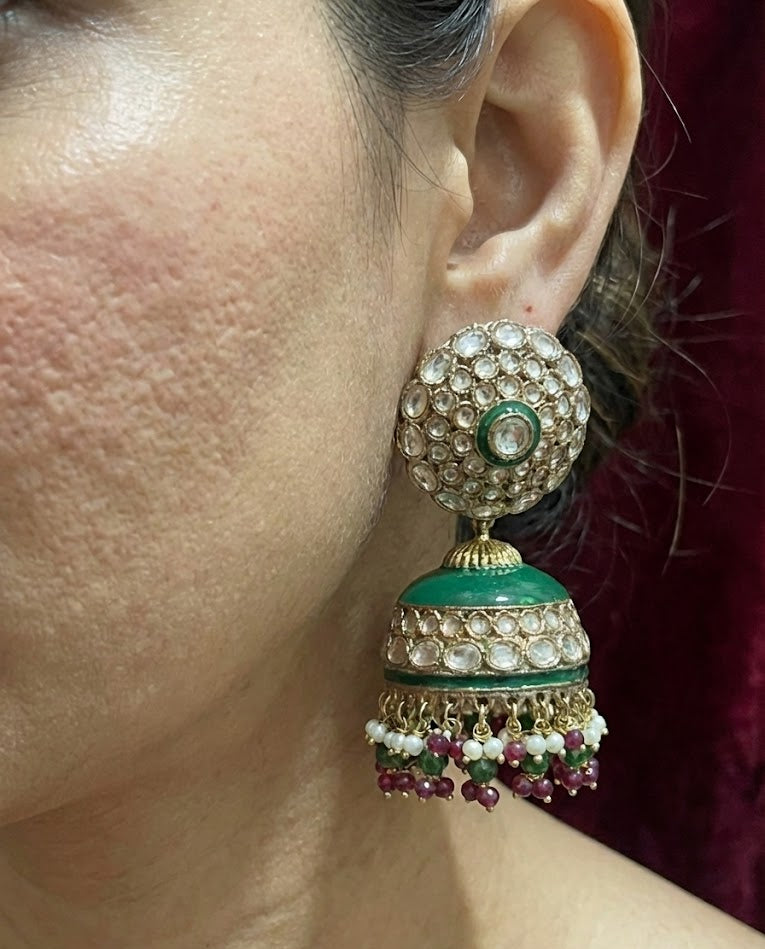 Regal Kundan Jhumka Earrings with Emerald Enamel & Pearl Drops - Rani Green