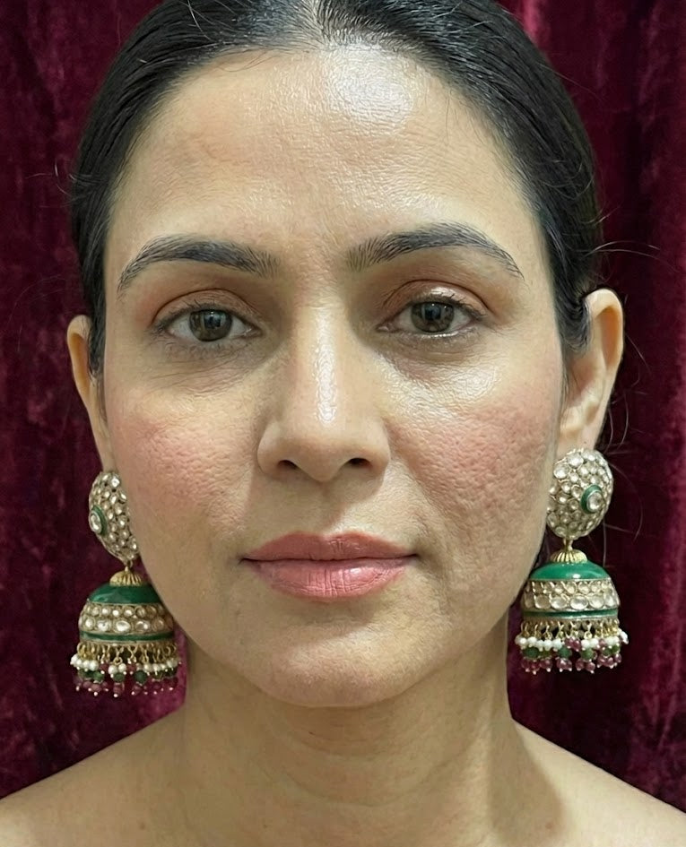 Regal Kundan Jhumka Earrings with Emerald Enamel & Pearl Drops - Rani Green