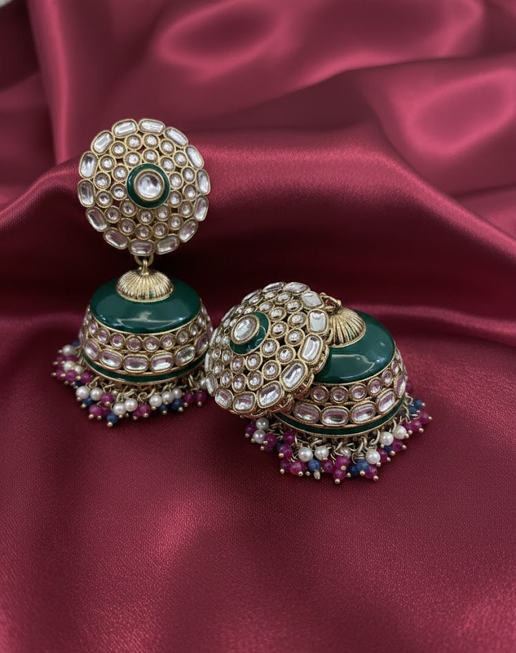 Regal Kundan Jhumka Earrings with Emerald Enamel & Pearl Drops - Rani Pink Blue