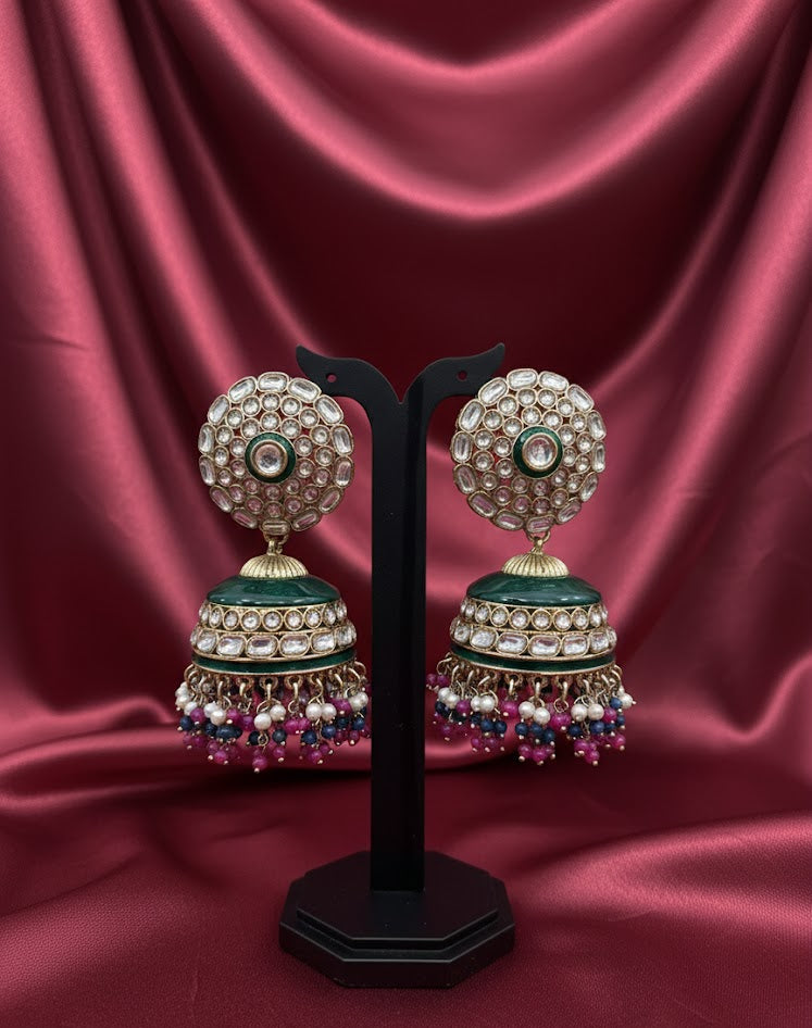 Regal Kundan Jhumka Earrings with Emerald Enamel & Pearl Drops - Rani Pink Blue