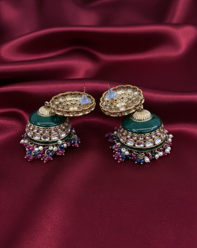 Regal Kundan Jhumka Earrings with Emerald Enamel & Pearl Drops - Rani Pink Blue