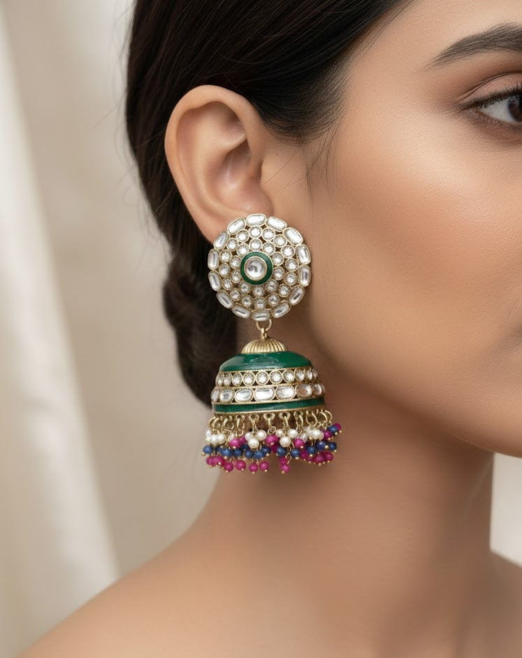 Regal Kundan Jhumka Earrings with Emerald Enamel & Pearl Drops - Rani Pink Blue