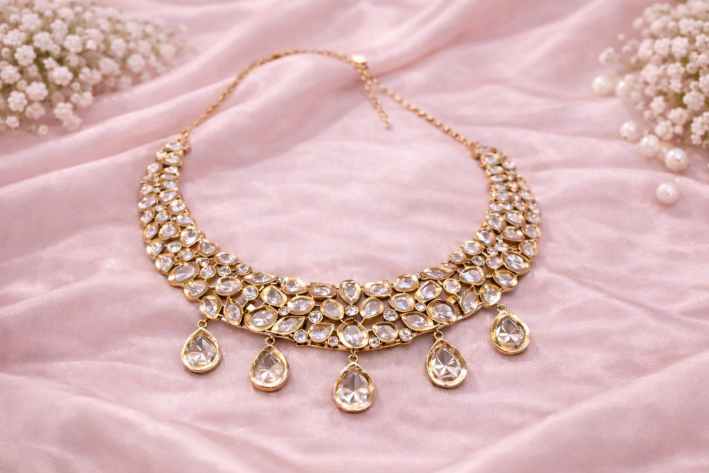 The Gulmarg Rose Gold Victorian Polki Necklace & Chandbali Set
