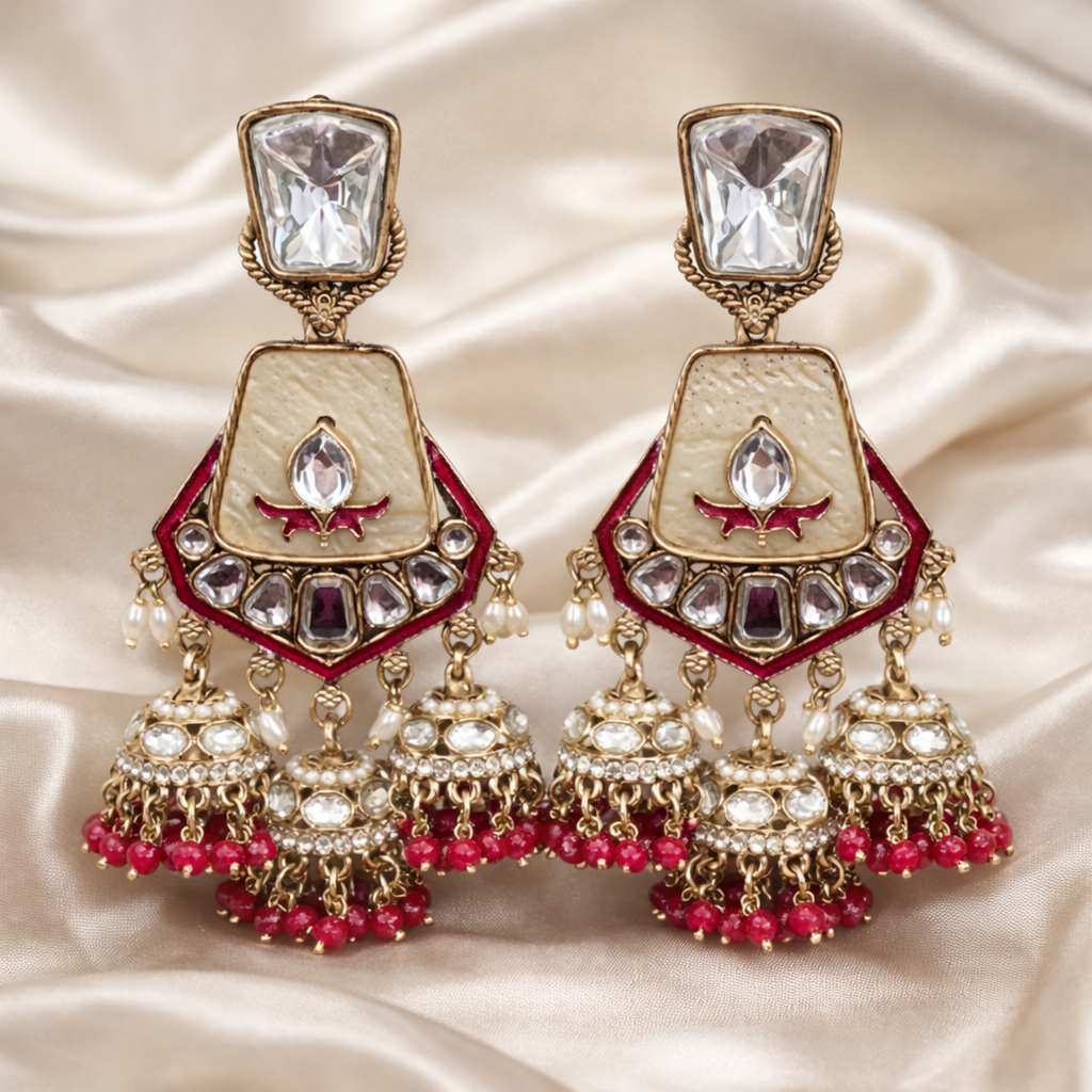 Ivory Ruby Kundan Jhumka Earrings