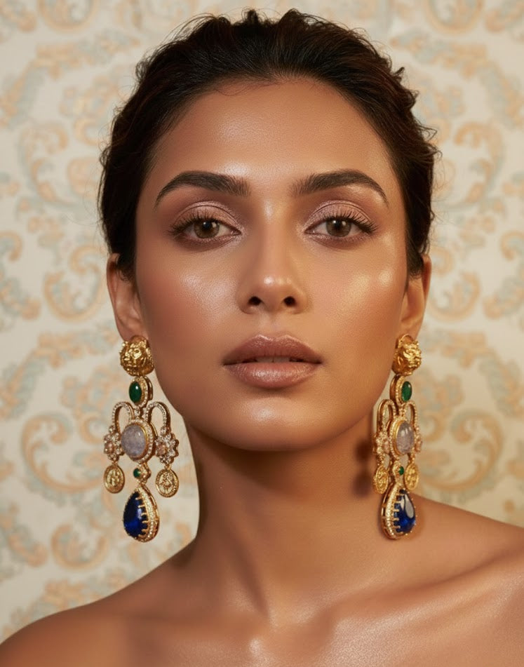 Regal Tiger Motif Statement Earrings - Royal Blue