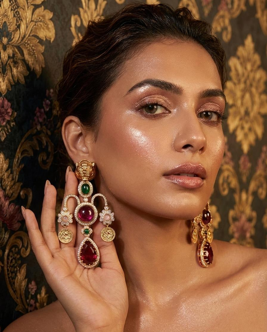 Regal Tiger Motif Statement Earrings - Deep Wine