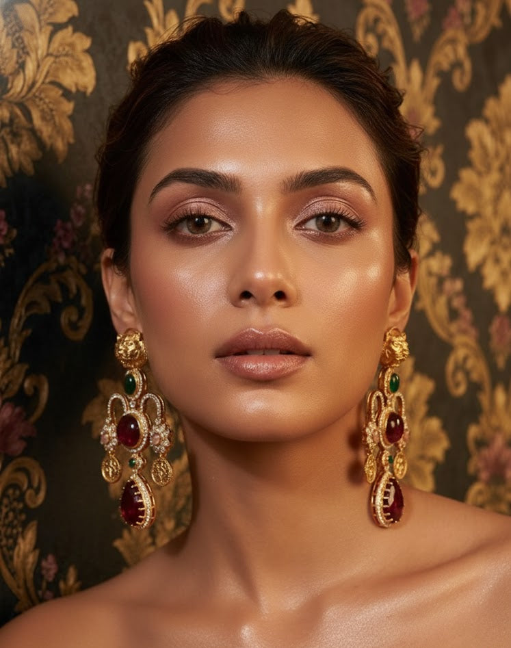 Regal Tiger Motif Statement Earrings - Deep Wine