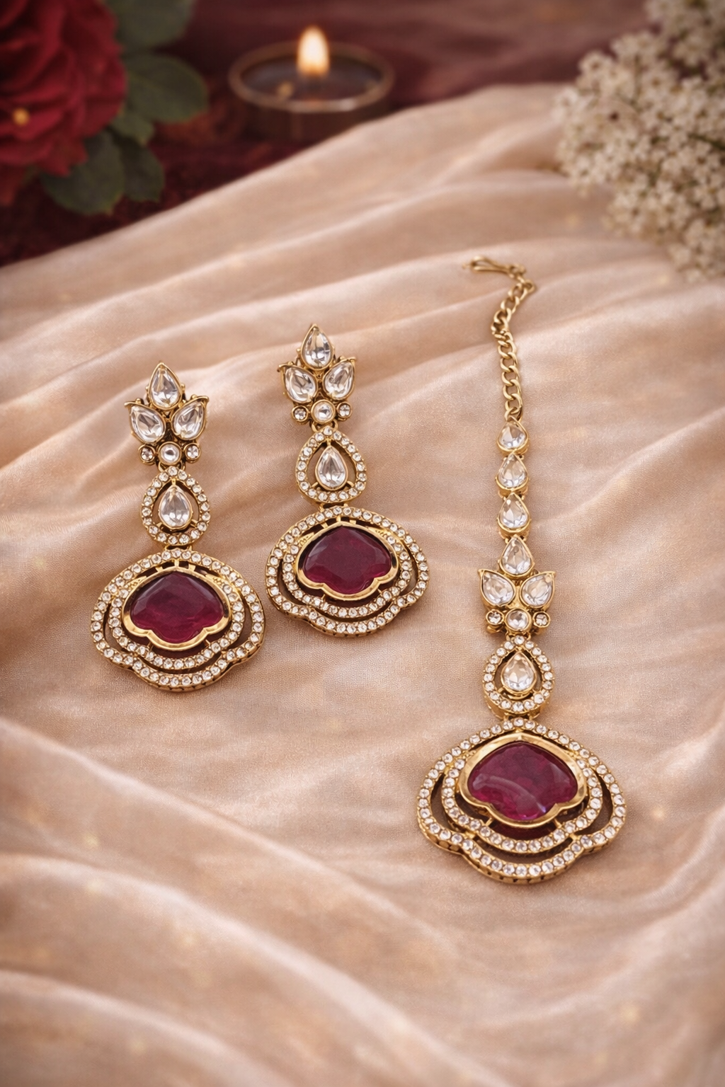 Wine & Crystal Polki Dangler  Earrings with Maang Tikka