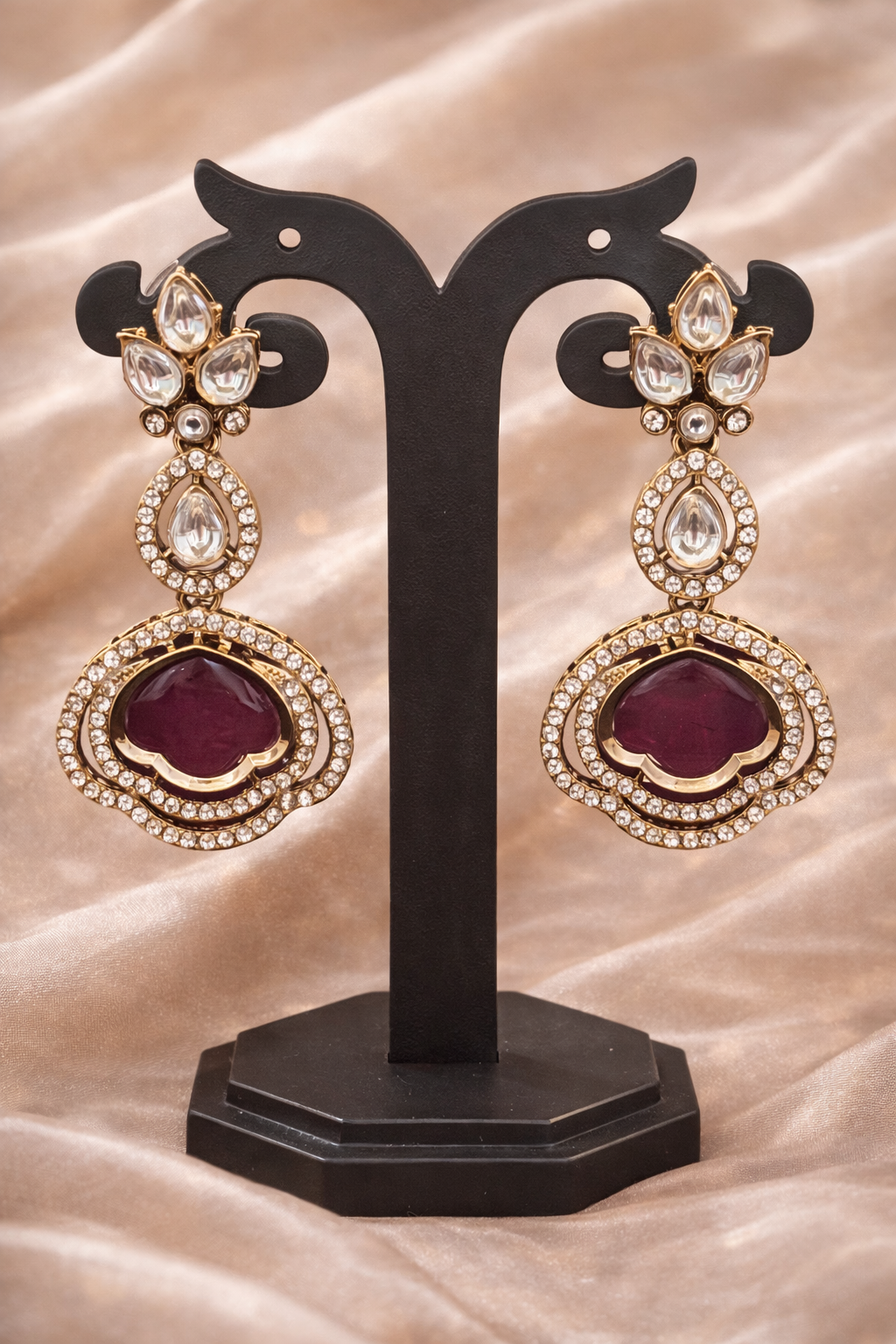 Wine & Crystal Polki Dangler  Earrings with Maang Tikka