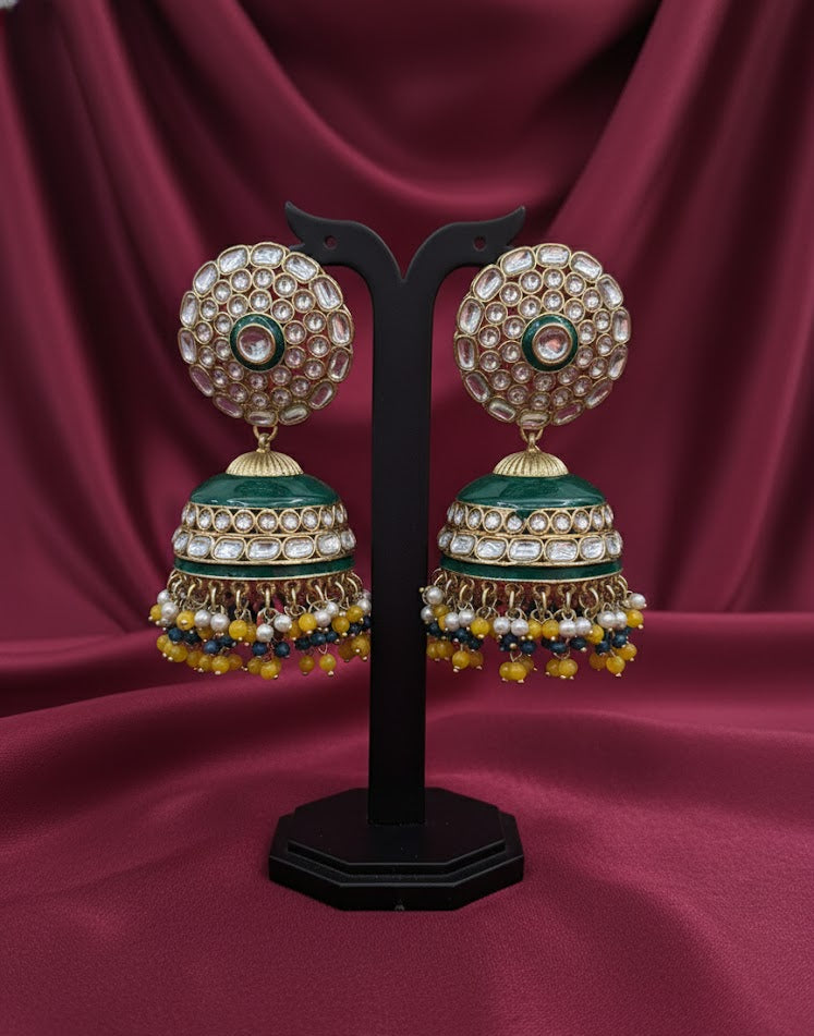 Regal Kundan Jhumka Earrings with Emerald Enamel & Pearl Drops - Yellow