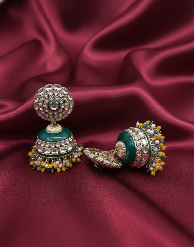 Regal Kundan Jhumka Earrings with Emerald Enamel & Pearl Drops - Yellow