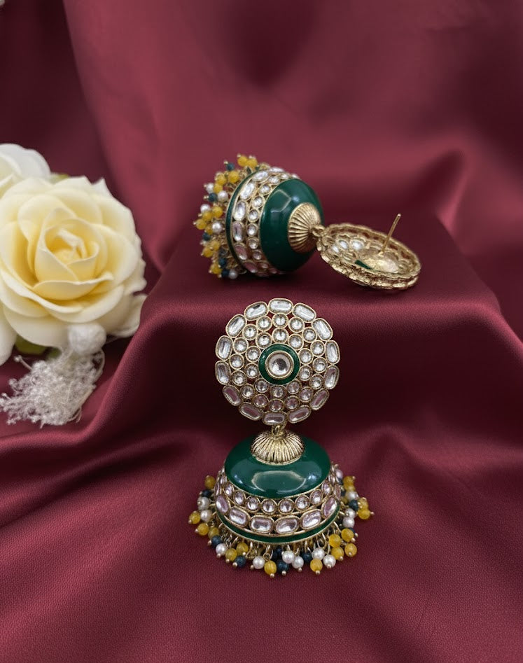 Regal Kundan Jhumka Earrings with Emerald Enamel & Pearl Drops - Yellow