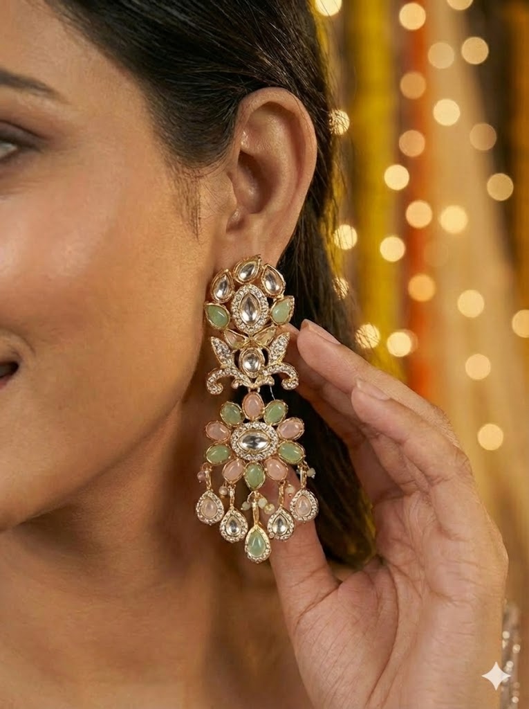 Pastel Aira Floral Polki & Pearl Dangle Earrings