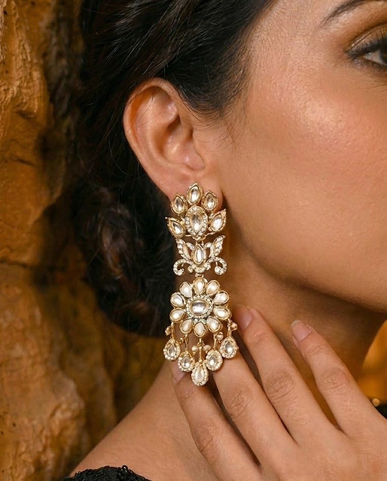 White Aira Floral Polki &  Pearl Dangle Earrings