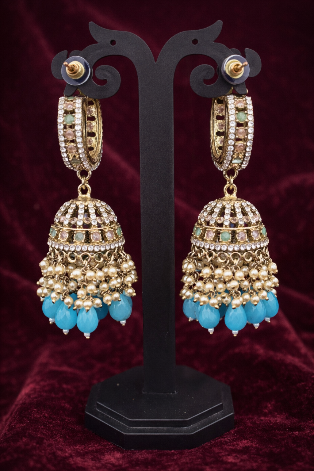 The Roshan Crystal & Pearl Bali Jhumkas – Aqua Blue